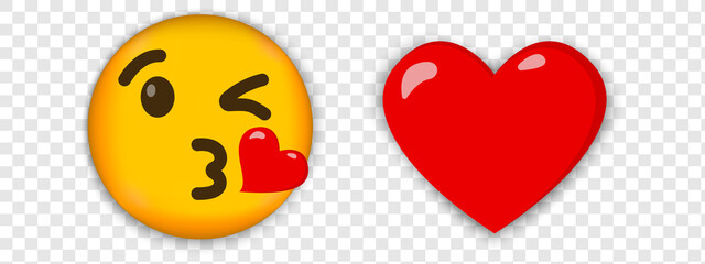 Fototapeta na wymiar Emoji.Emoticon.Face Blowing a Kiss .Vector red heart.Cute kisse,vector love heart and funny yellow face blowing a kiss
