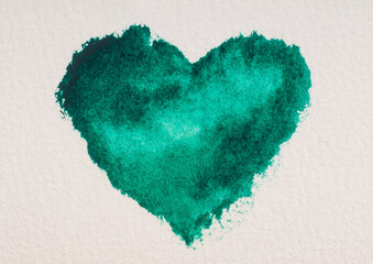 Naklejka na ściany i meble Emerald green heart and white background with paper texture for painting. Watercolor drawing.