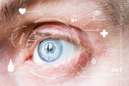 Eye monitoring and treatment in healthcare. Biometric scan of the male eye.