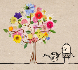 Cartoon Gardener Watering a Flowering Tree © NLshop