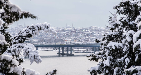 Fototapeta na wymiar istanbul city snow winter panorama nature