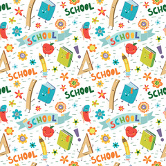 Back to school. Seamless pattern with suns, books, apples, pencils, rulers and erasers.