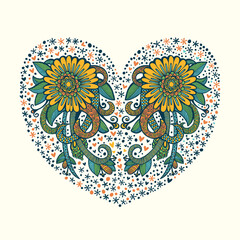 Floral art heart shape for your design. Floral vector background.