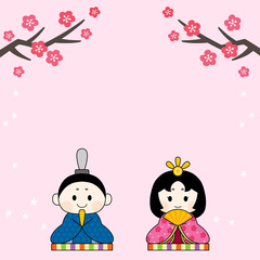 ひな人形と梅の花のフレーム　ピンクの背景