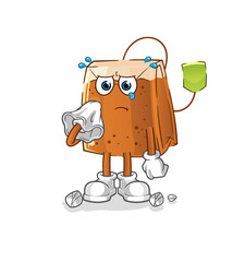 tea bag cry with a tissue. cartoon mascot vector