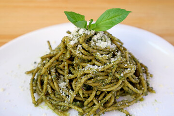 Tasty and Healthy Homemade Wholemeal Spaghetti with Pesto Sauce