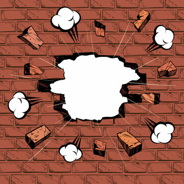 Brick in the wall. Boom comics backgrounds, vector illustration 