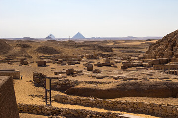 Pyramid of Sneferu (Bent Pyramid) and Red Pyramid at Dahshur necropolis, Egypt. View from the Saqqara necropolis, Egypt, Africa. Poor visibility due to sand storm