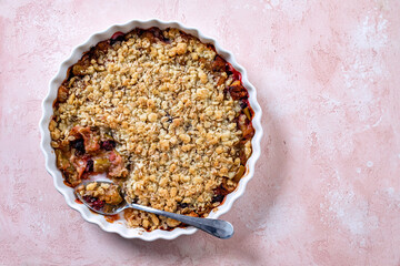 Delicious apple and blackberry crumble cake with oat
