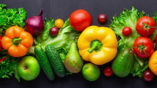 Healthy eating ingredients: fresh vegetables, fruits and superfood. Nutrition, diet, vegan food. Black background
