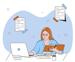 The girl is studying at the computer. Vector illustration. flat style