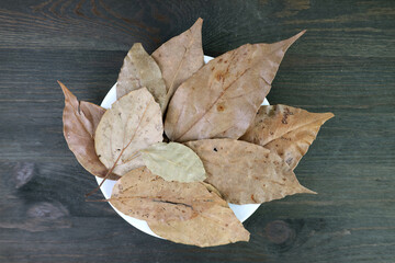Top View of Dried Bay Leaves on Black Wooden Backdrop