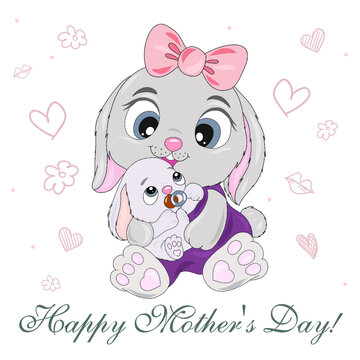 Vector print with little rabbit and mom. Outline drawing on a white background with delicate hearts and flowers. Cute print on children's clothes. cute bunnies - mom and kids