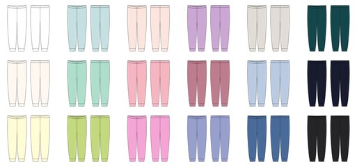 Set of pajamas pants technical sketch. KIds home wear trousers design template collection