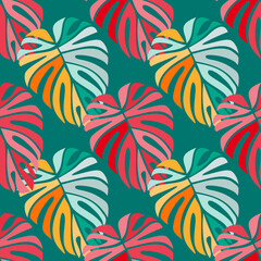 Tropical leaves seamless pattern. Monstera leaf background. Modern exotic jungle plants endless wallpaper.