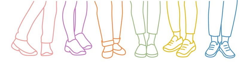 Different female legs in trousers and shoes.