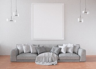 Mockup poster frame in Minimal style. interior with modern furniture. Minimalist interior design. living room frame design. copy space white background. modern white house concept. 3D illustration.