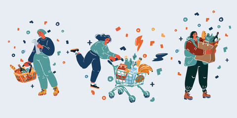 Vector illustration of Collection of people with Shopping Bags and Carts. Big sale, Discount