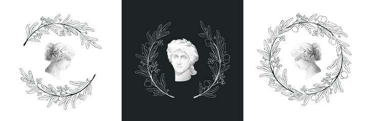 Vector olive wreath illustration with antique Greek god statue.