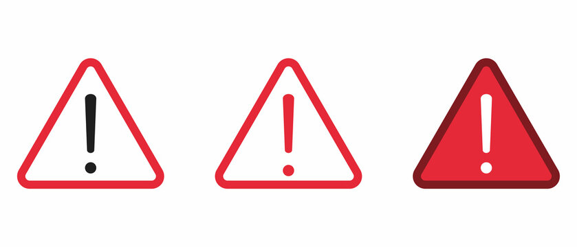 Danger triangle signs set in red and white color. Attention symbol with exclamation mark icon. Risk sign. Caution error. Template for your design. Vector illustration