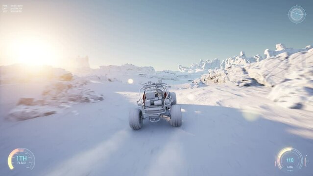 Faked 3D video game. 4K racing through the snow. HUD. Car simulator