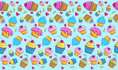 Seamless food pattern bright cupcakes on blue background