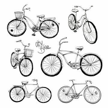 Set of hand drawn city bike, vector illustration