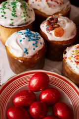Easter sweet bread Orthodox kulich, paska and painted eggs. Prepearing for traditional Easter in Ukraine.
