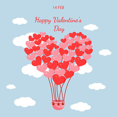 Pink hot air balloons in the shape of hearts for valentine's day for postcard, textile, decor, poster. Vector illustration. Greeting card.