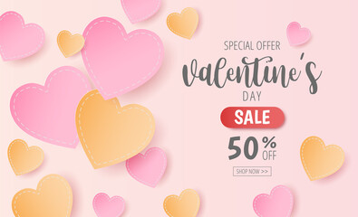 Paper cut of Valentine's Day sale background with heart for banner, poster