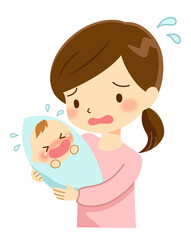 泣いている赤ちゃんに焦る母親、ママ