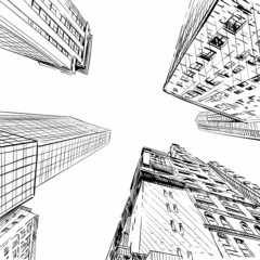 Hand drawn city sketch urban scene, vector illustration