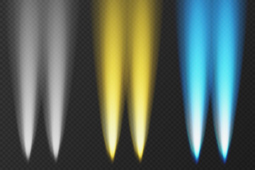 Set of transparent car headlight top view on dark background. Vector shine beam on night road. Glow effect of LED auto spotlight. Bright vehicle light in nighttime template © Kusandra