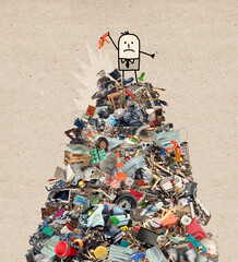 Unhappy cartoon man on the top of a big pile of garbage