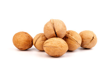 Walnuts in shells isolated on white background. Package design element with clipping path.