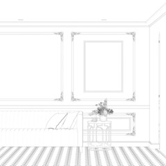A modern-classic room with a blank vertical poster on a molding wall, a vase of flowers on a coffee table next to the sofa with pillows, an arched doorway, a tiled floor. Front view. 3d render