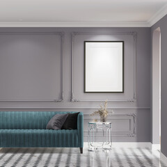 A modern-classic room with a blank backlit vertical poster on a gray molding wall, a vase of flowers on metal coffee table next to green sofa, an arched doorway, black and white marble floor.3d render