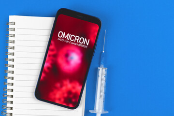 Coronavirus Omicron B.1.1.529 mutations, medical table with syringe background