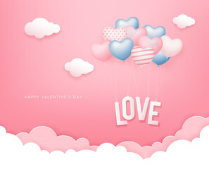 Valentines day, Balloon heart love message paper cut concept design on cloud pink background, Eps 10 vector illustration
