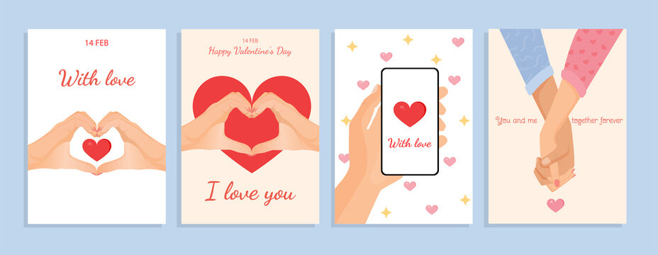 Set of romantic illustrations for cards, poster, banner, internet, social networks. Collection of vector design with hands, gestures, chat online for valentine's day. Love, family, friendship.
