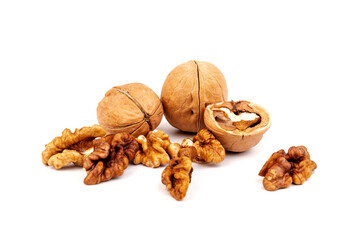 Walnuts in shells isolated on white background. Package design element with clipping path.