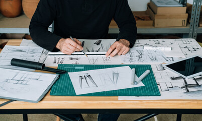 Unrecognizable furniture designer sketching drawing design of plant stand using a paper, pen and...