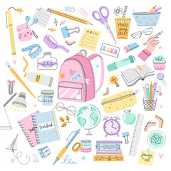 School supplies set. Vector backpack and stationery vector collection - 482865870