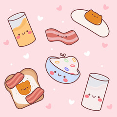 Set of cute breakfast vector set. Kawaii smiling happy. Breakfast,bacon,egg,cereal,sandwich,milk,orange juice doodle.Animals character design.Image for sticker,kid graphic,card.Kawaii.Vector.Illustrat