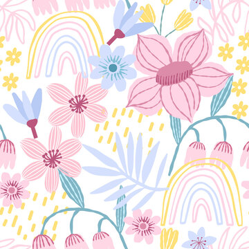 Spring hand drawn flower seamless pattern. Spring floral background
