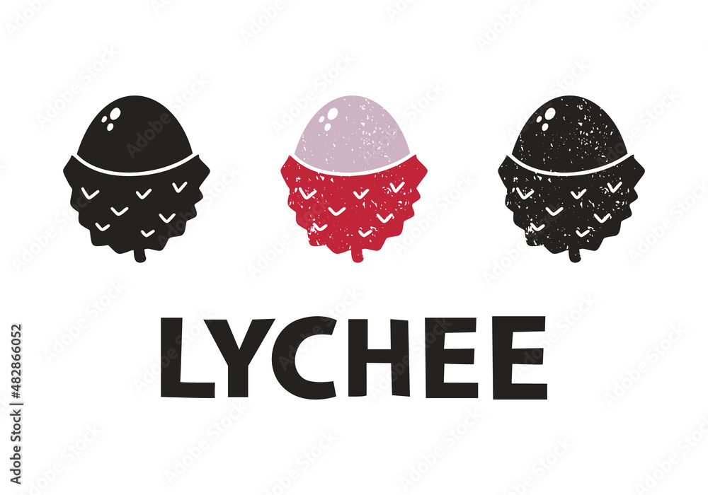 Poster lychee, silhouette icons set with lettering. imitation of stamp, print with scuffs. simple black sha