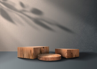 Wooden exhibition podium. 3D Background. Brown Backdrop. Branch shadow with Leaves. Stand with Wood texture. Tropical Leave. Cosmetic display product. Group pedestals. 3D render