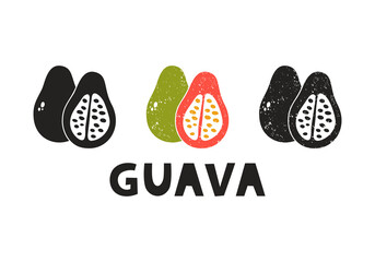 Guava, silhouette icons set with lettering. Imitation of stamp, print with scuffs. Simple black shape and color vector illustration. Hand drawn isolated elements on white background