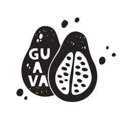 Guava graphic sticker. Half and whole fruit. Black texture silhouette with lettering inside. Imitation of stamp, print with scuffs. Hand drawn isolated illustration on white background