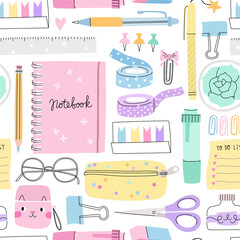 Stationery planner seamless pattern. Doodle cute school texture